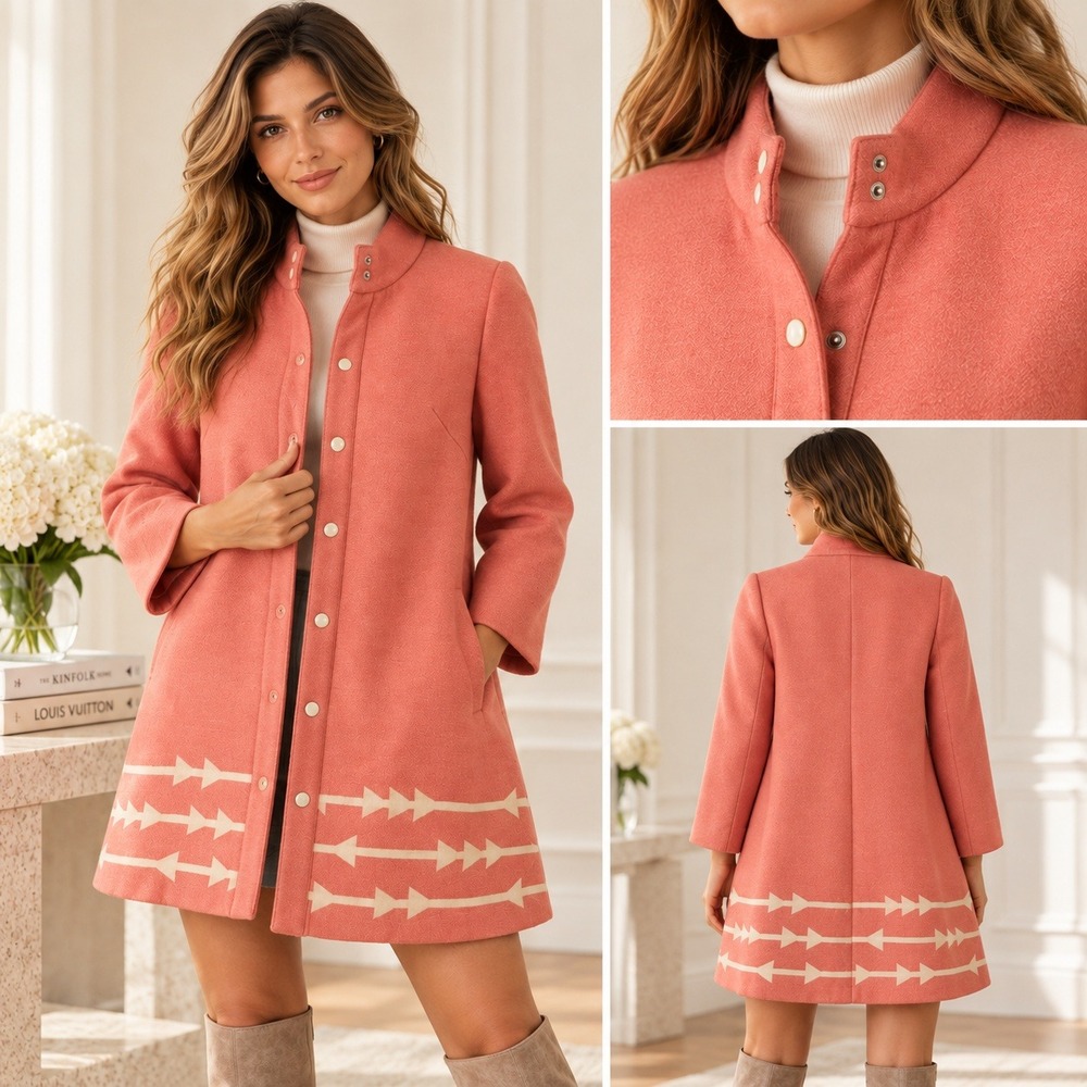 Anthropologie Lauren Moffatt Eastward Dress Coat Coral Pink Wool Blend Arrow Hem